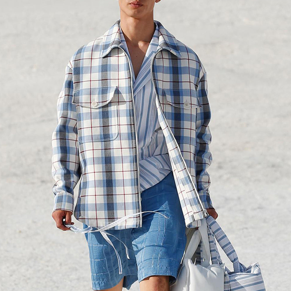 Macymars™ Autumn Men's Casual Fashion Long Sleeve Blue Plaid Shirt Jacket