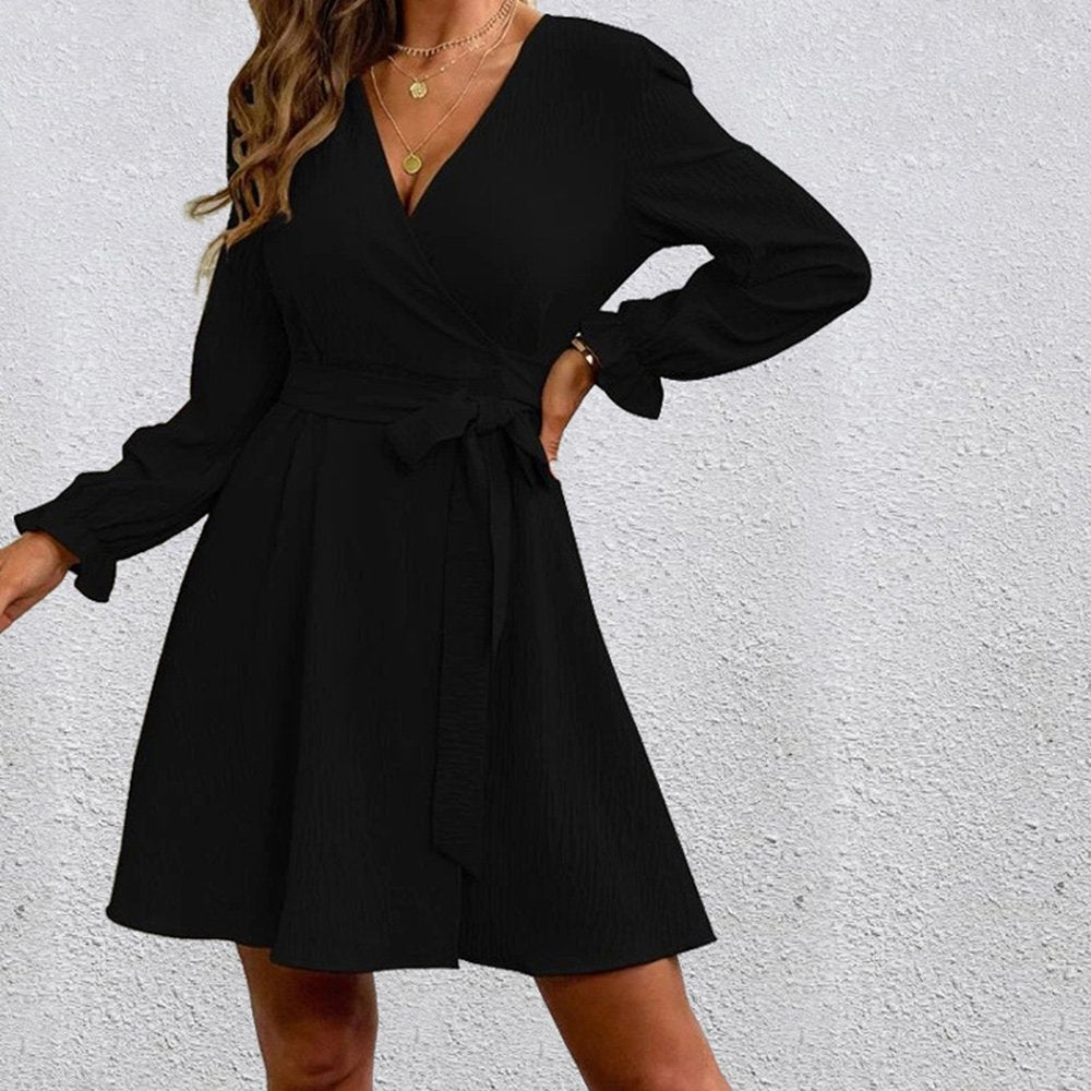 Macymars™ Women Long Sleeve Solid Color V Neck Loose Mid Swing Dresses