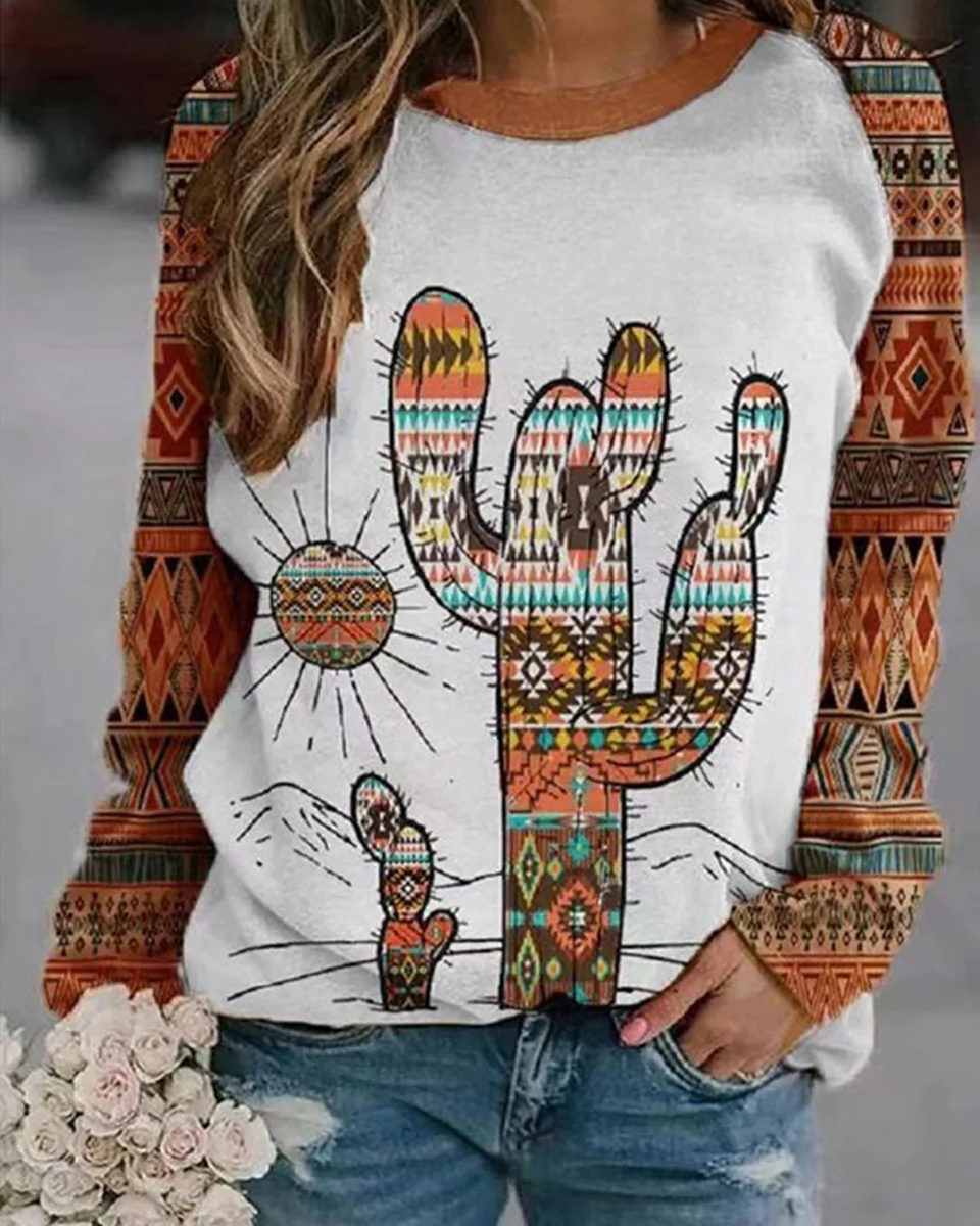 Macymars™ Women Retro Print Crew Neck Long Sleeve Sweatshirt Top