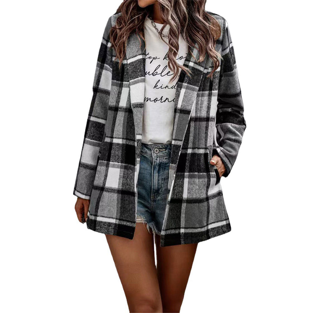 Macymars™ New Autumn Winter Women Warm Woolen Plaid Coat Office Lady Long Sleeve Shirt Cardigan