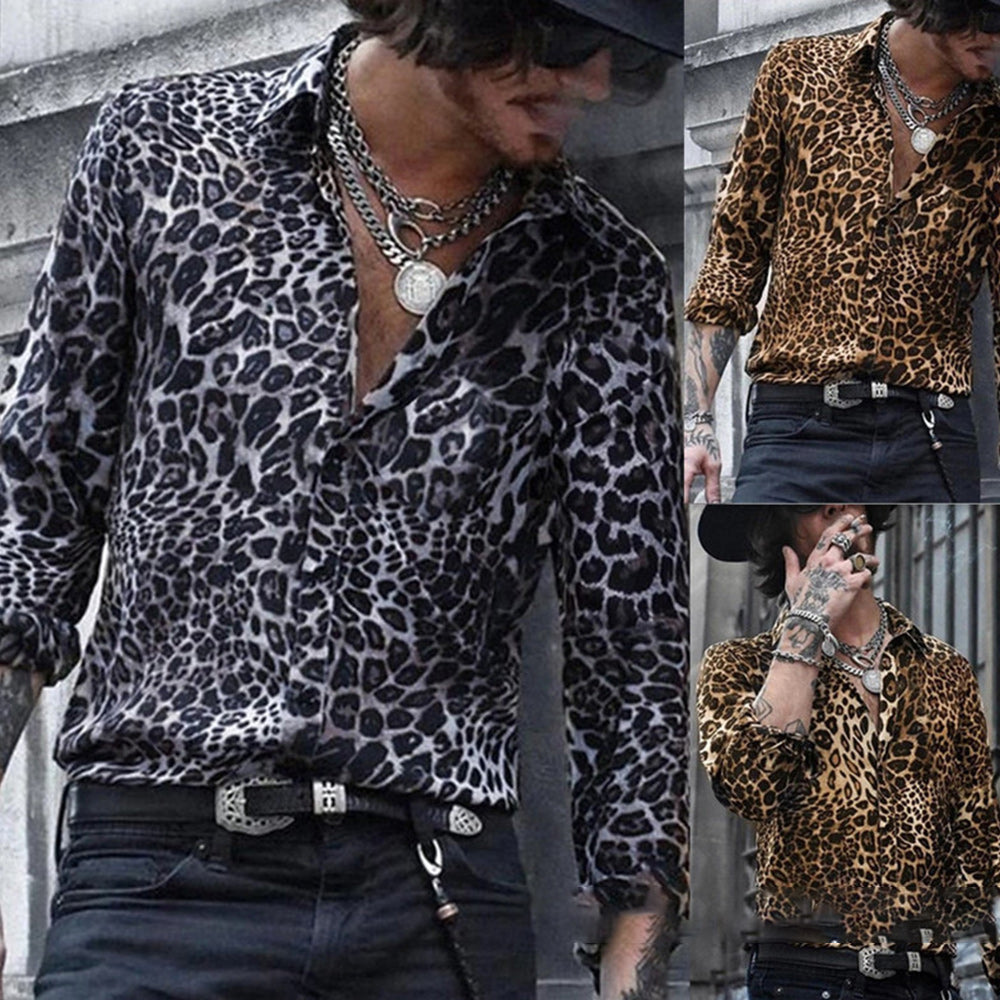 Macymars™ Men's Leopard Print Lapel Long Sleeve Shirt