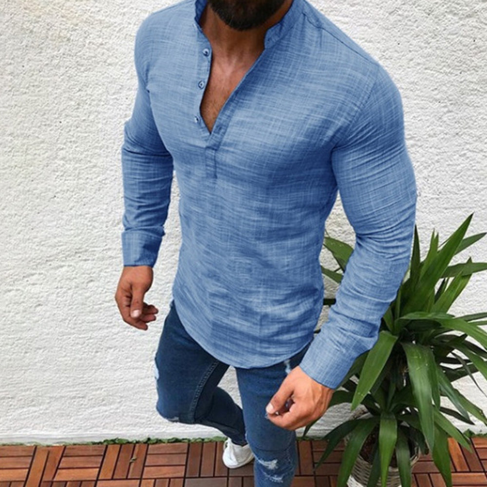 Macymars™ Men's Casual Linen Solid Color Stand Collar Long Sleeve Shirt