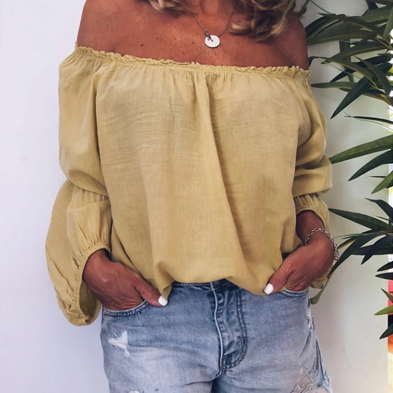 Macymars™ Flat Neck Elastic Pleated Sweet Cotton Linen Solid Long Sleeve Women's Shirt