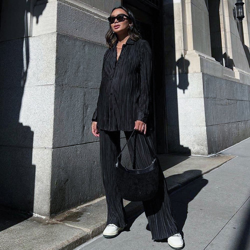 Macymars™ Women Clothing Retro Casual Fashion Fashion Suit 2022 Long Sleeve Loose-Fitting Pleated Wide Leg Pants Two-Piece Set