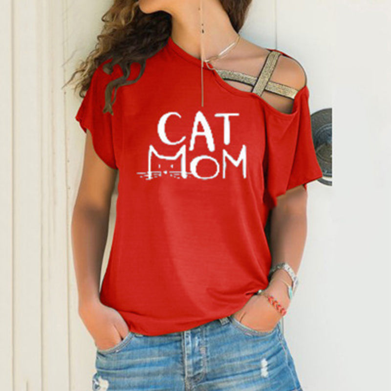 Macymars™ Spring And Summer Cat Mom Print Casual Slanted Shoulder Cross Irregular Short Sleeve Women's T-Shirt