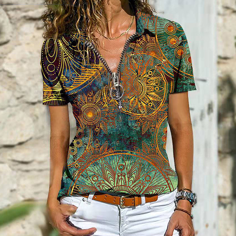 Macymars™ Spring And Summer Bohemian Ethnic Zip Short Sleeve Women's T-Shirt