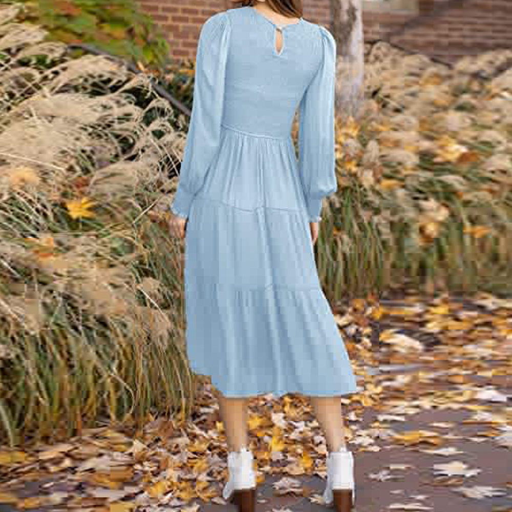 Macymars™ Women's Pleated Long Sleeve Round Neck Dress