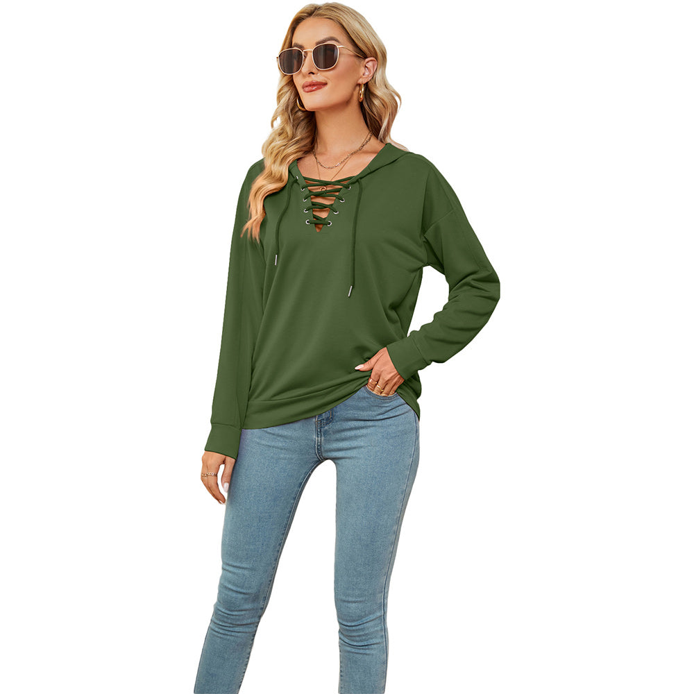 Macymars™ Women's Neck Tie Long Sleeve Hooded Sweatshirt