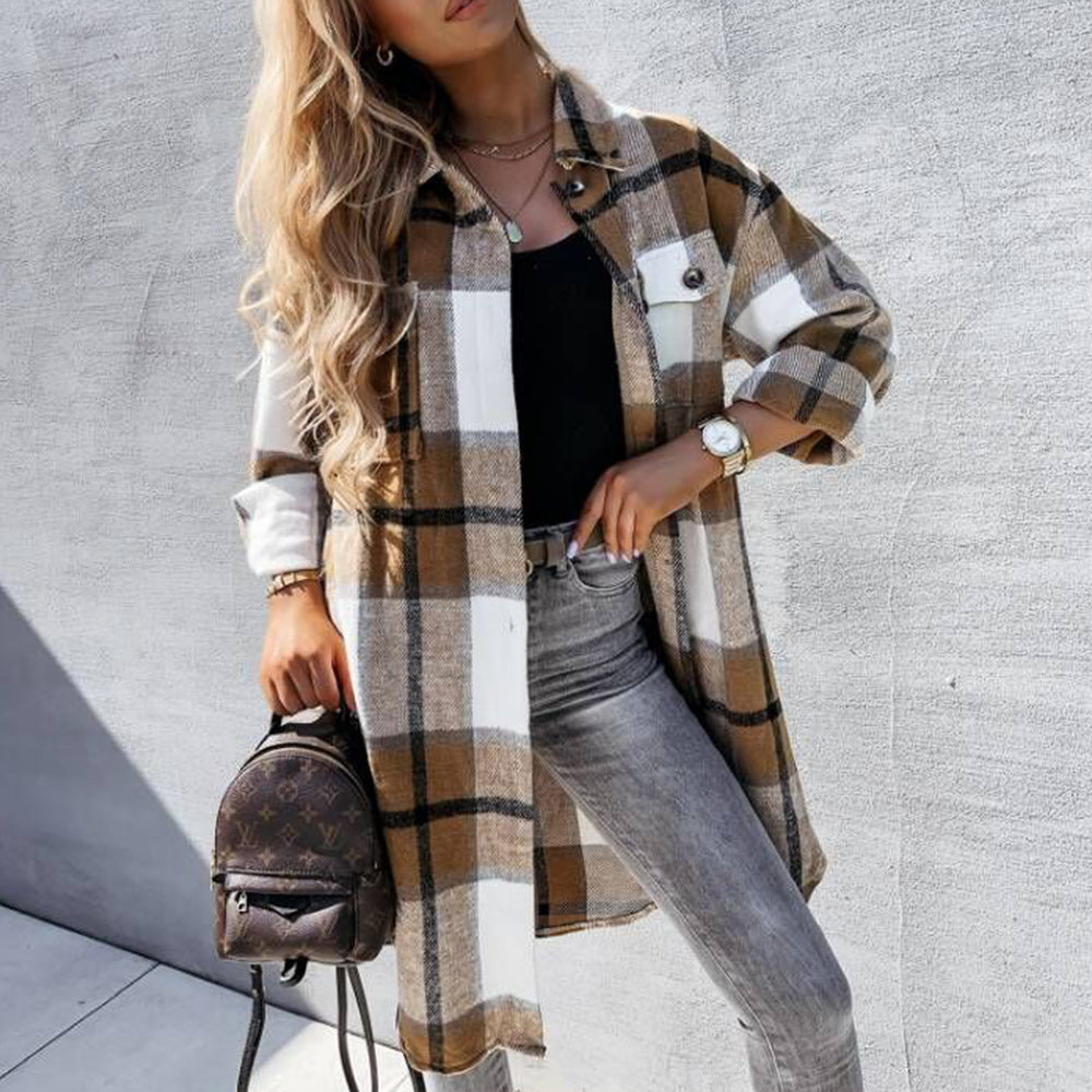 Macymars™ Women's Fashion Long Plaid Shirt Jacket