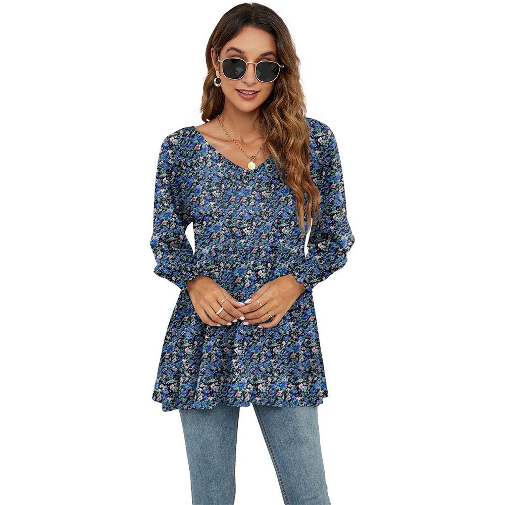 Macymars™ Women Swing Hem Long Sleeve Tops Bohemian Work Floral Print Pullover V Neck Tunic Blouse