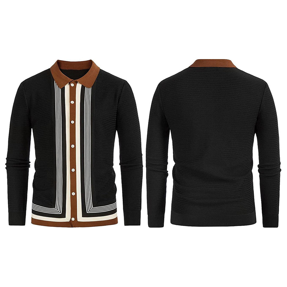 Macymars™ Men's Long Sleeve Black Knit Striped Business Cardigan