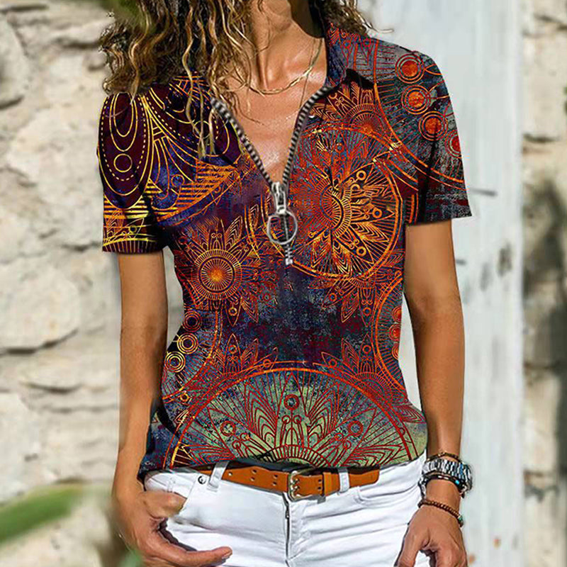 Macymars™ Spring And Summer Bohemian Ethnic Zip Short Sleeve Women's T-Shirt