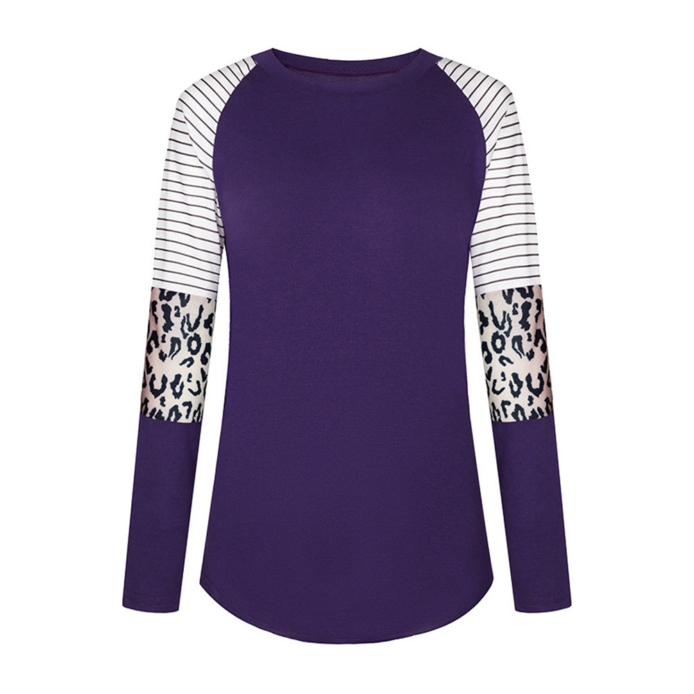 Macymars™ Striped Plunge Sleeve Leopard Print Long Sleeve T-shirt