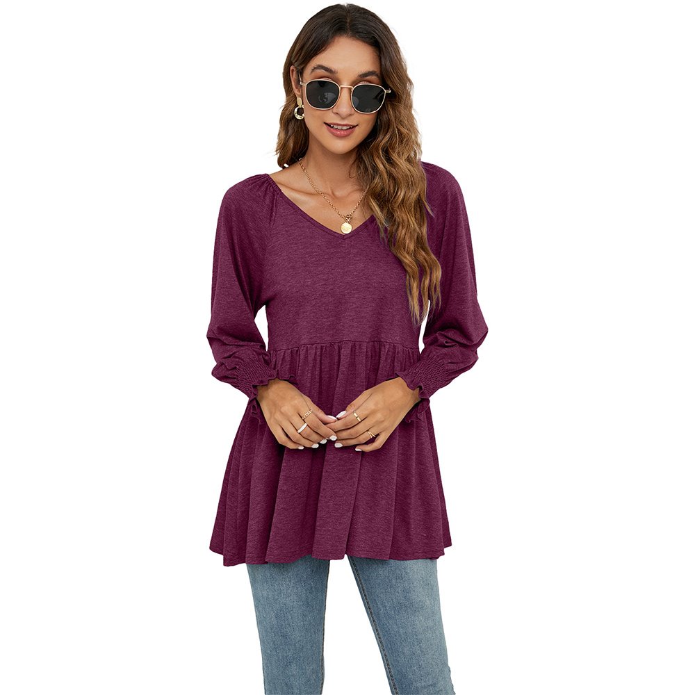 Macymars™ 2022 Autumn And Winter New Women's V-neck Bubble Long-sleeved Cummerbund Top T-shirt