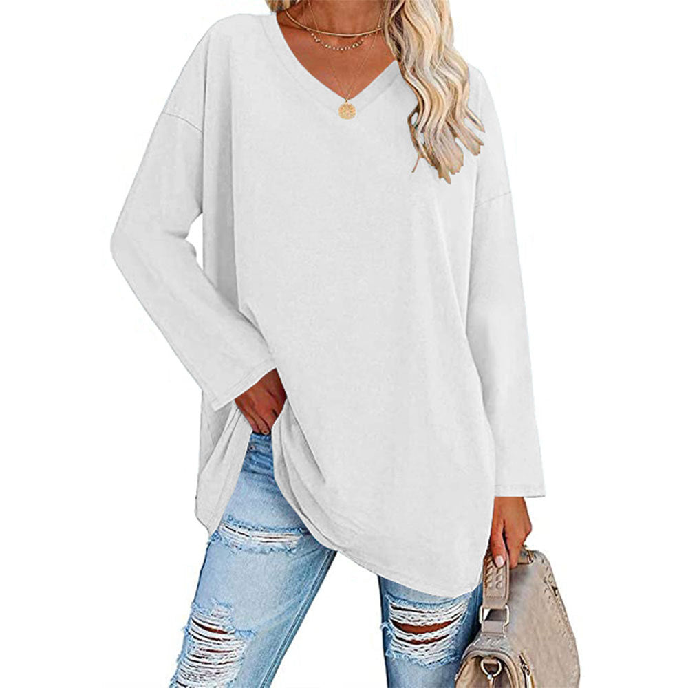 Macymars™ Women's Solid Color Fashion V-Neck Loose Long Sleeve T-Shirt