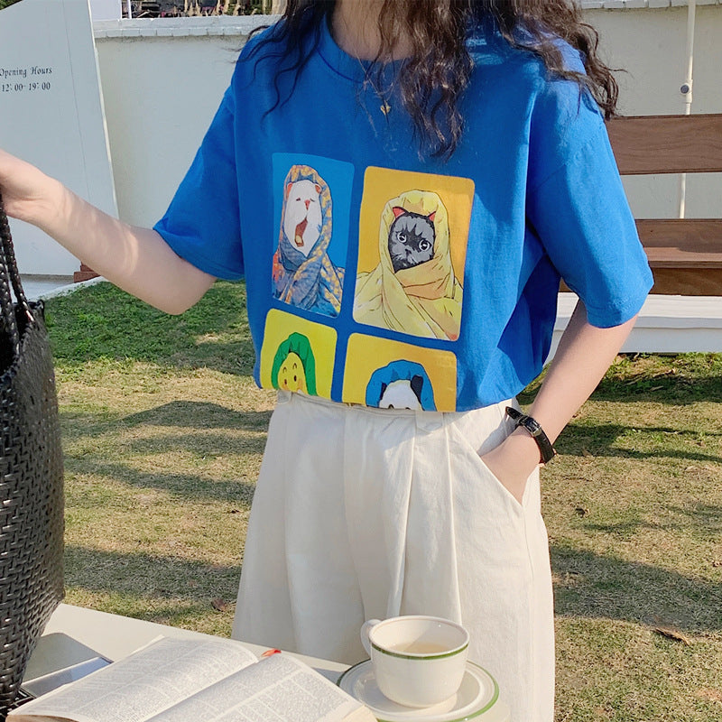 Macymars™ Loose Fashionable Niche Cartoon Cat Print Women's T-Shirt