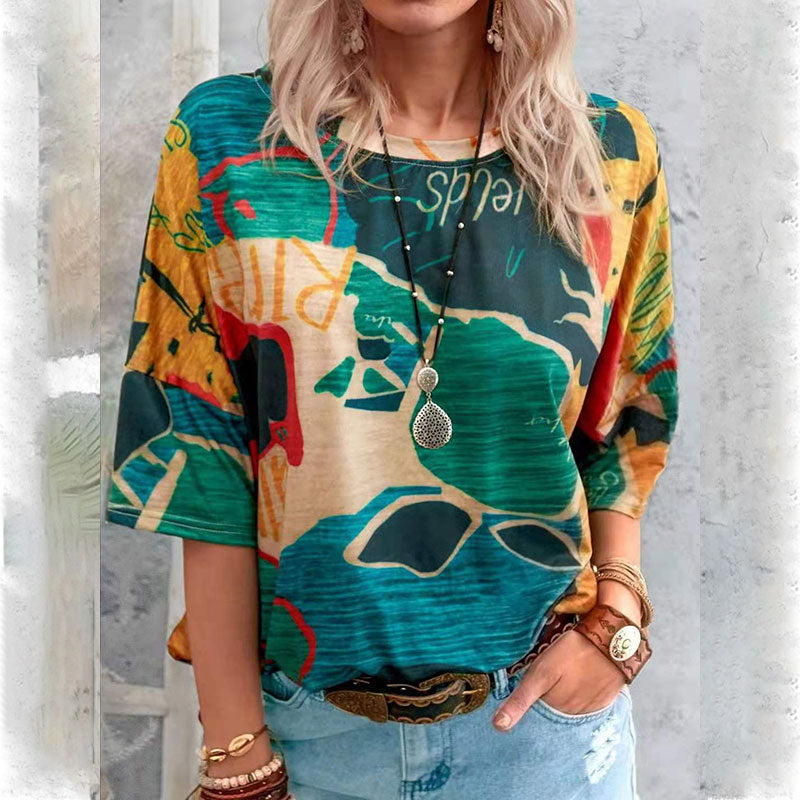 Macymars™ Fashion Casual Geometric Contrast Print Crew Neck Women's T-Shirt