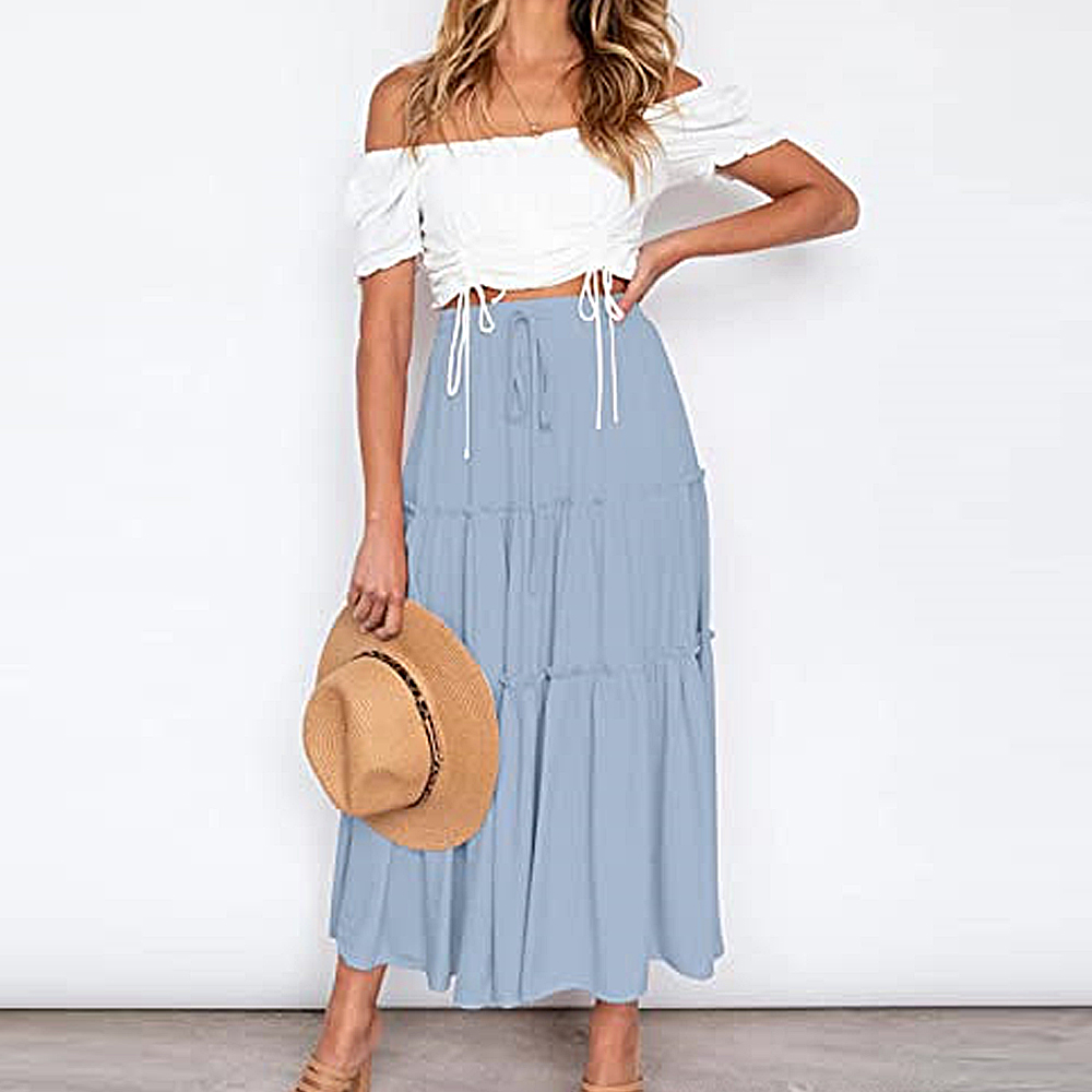 Macymars™ 2022 Summer Bohemian Elastic High Waist A Line Midi Skirt Casual Ruffle Long Skirt for Women