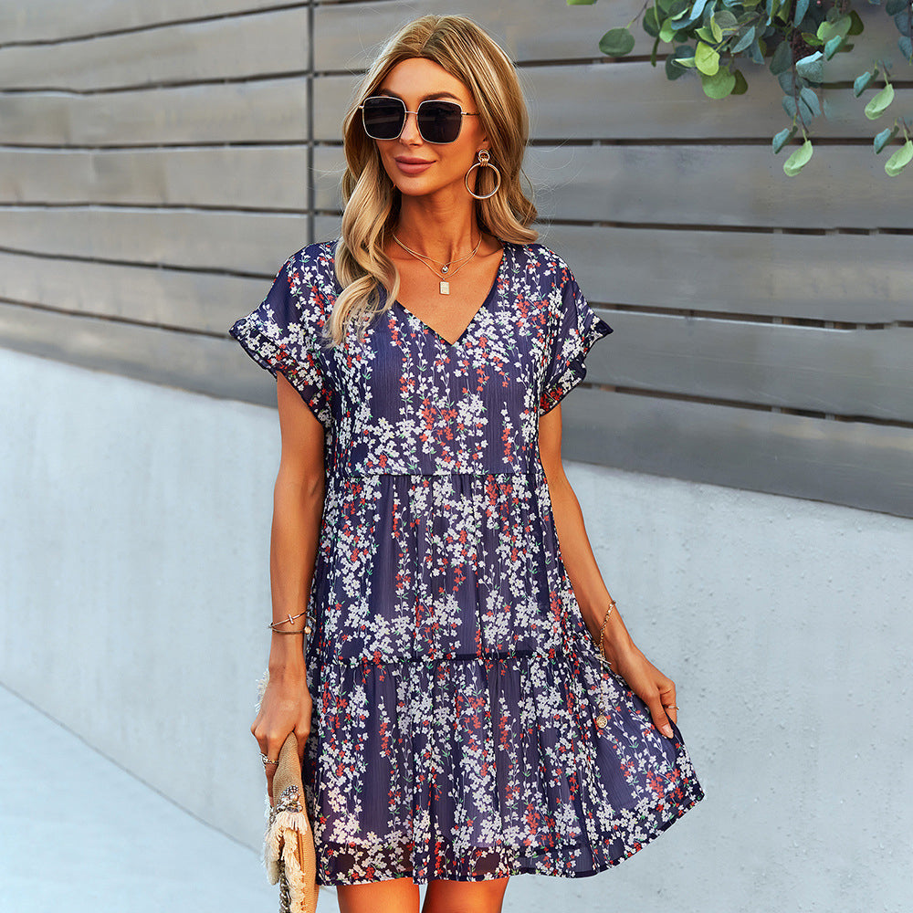 Macymars™ Summer Casual Beach V Neck A Line Loose Waist Chiffon Small Floral Bohemian Short Dress