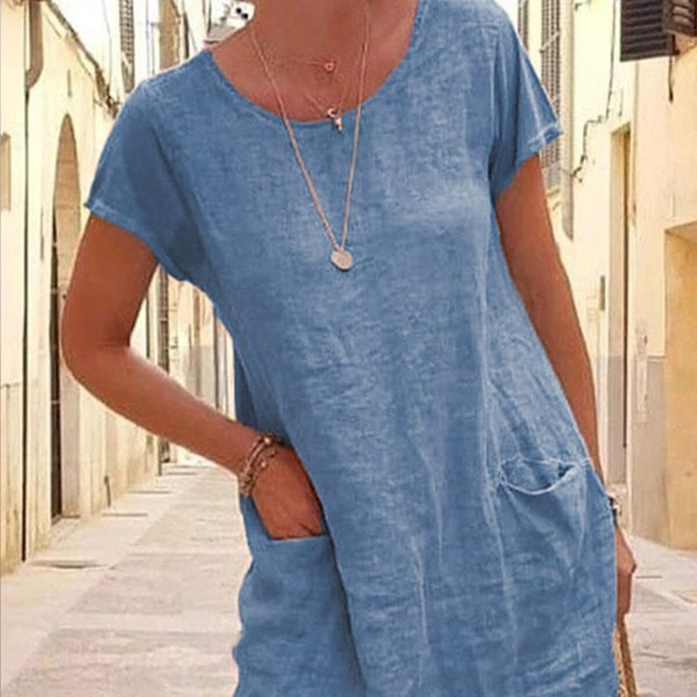 Macymars™ Summer Loose Solid Color Cotton Linen Pocket Crew Neck Dress