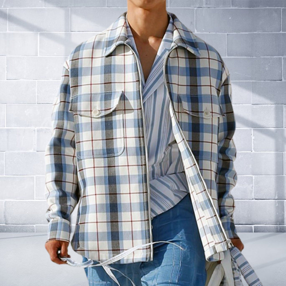 Macymars™ Autumn Men's Casual Fashion Long Sleeve Blue Plaid Shirt Jacket