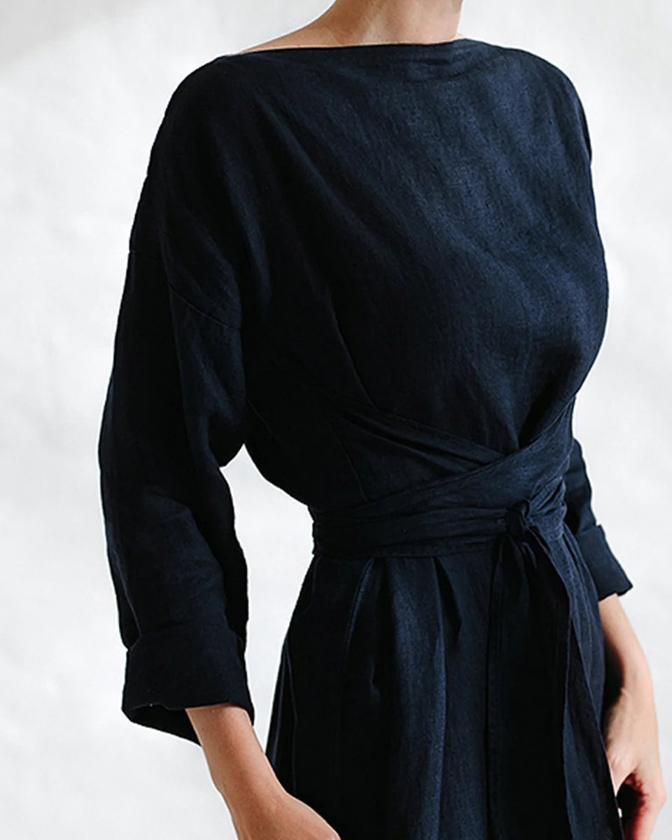 Macymars™ Women Casual Cotton Linen Lace-Up Maxi Dress