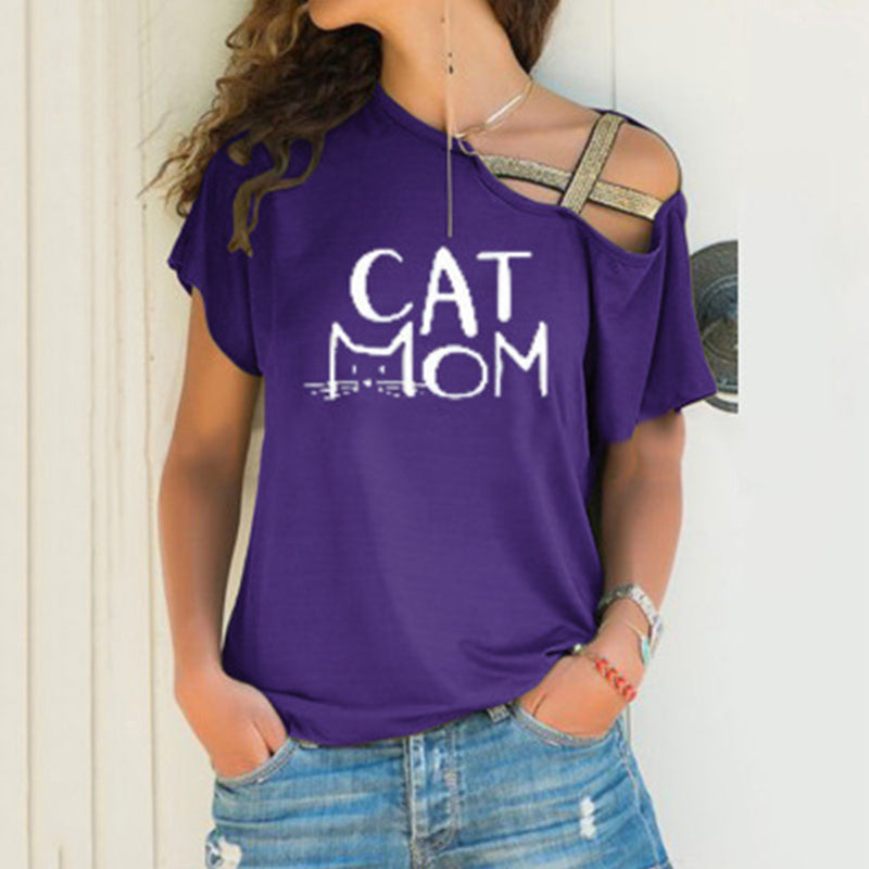 Macymars™ Spring And Summer Cat Mom Print Casual Slanted Shoulder Cross Irregular Short Sleeve Women's T-Shirt