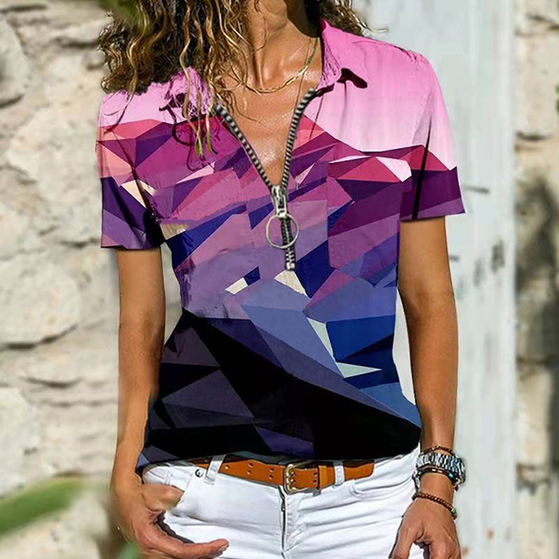 Macymars™ Spring And Summer Bohemian Ethnic Zip Short Sleeve Women's T-Shirt