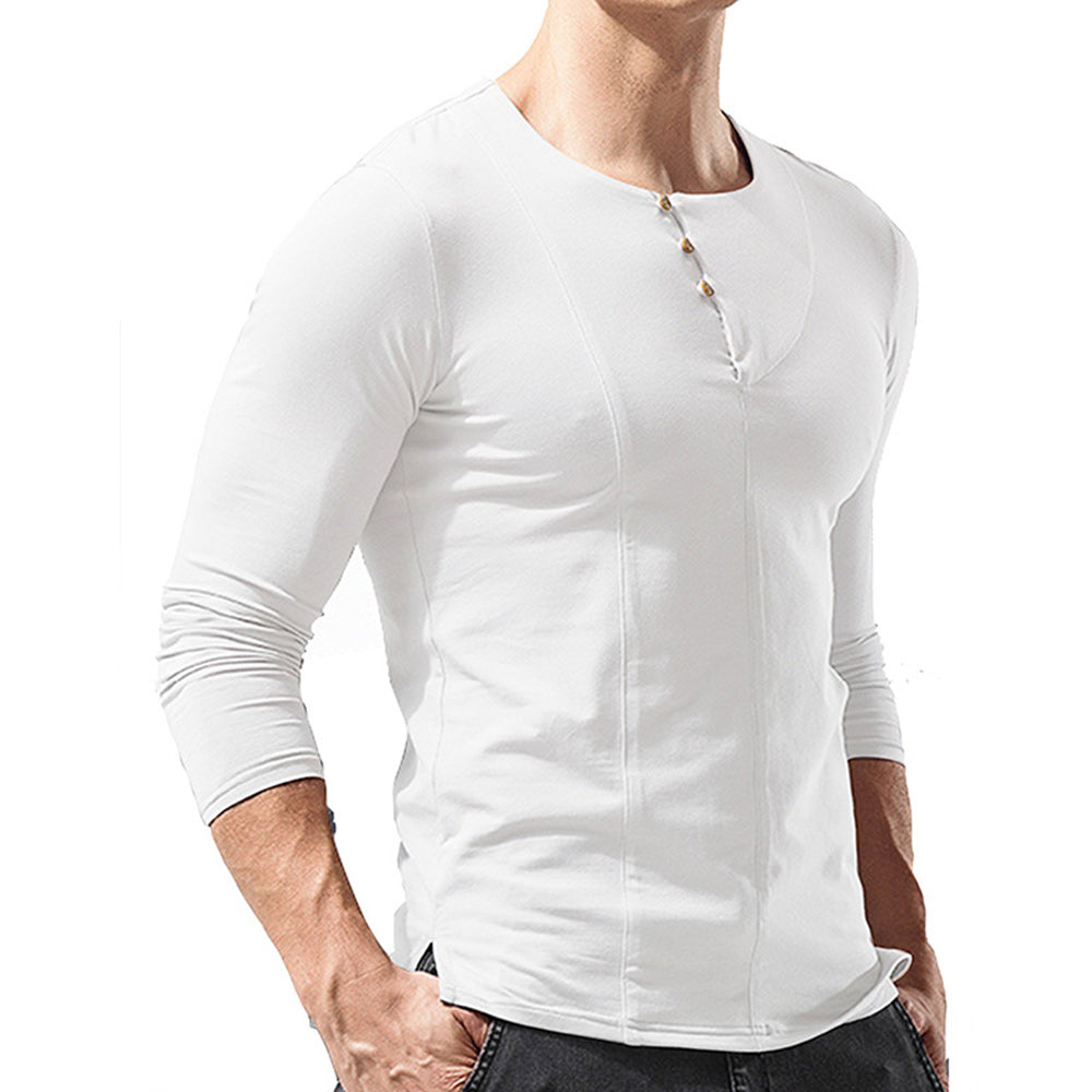 Macymars™ Men's Long Sleeve Solid Color Round Neck Button T-Shirt
