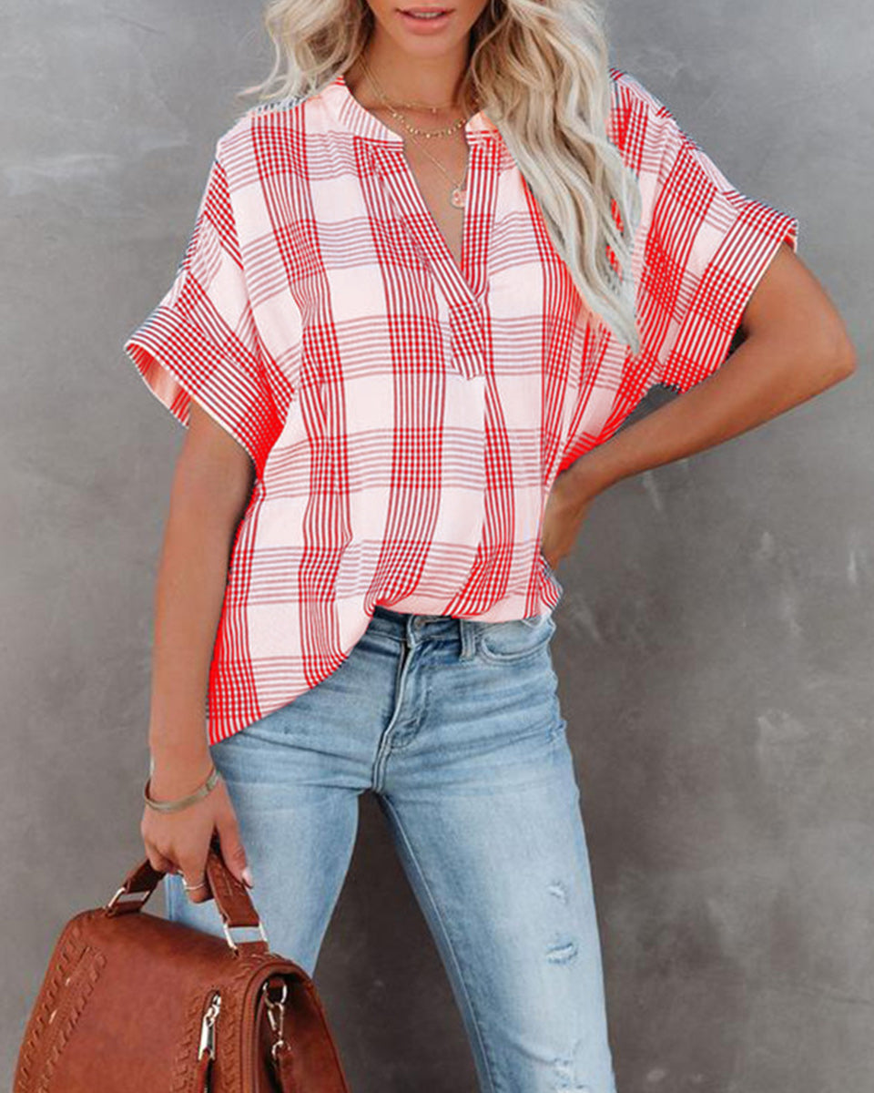 Macymars™ Women Plaid V Neck Loose Casual Basic T-Shirt