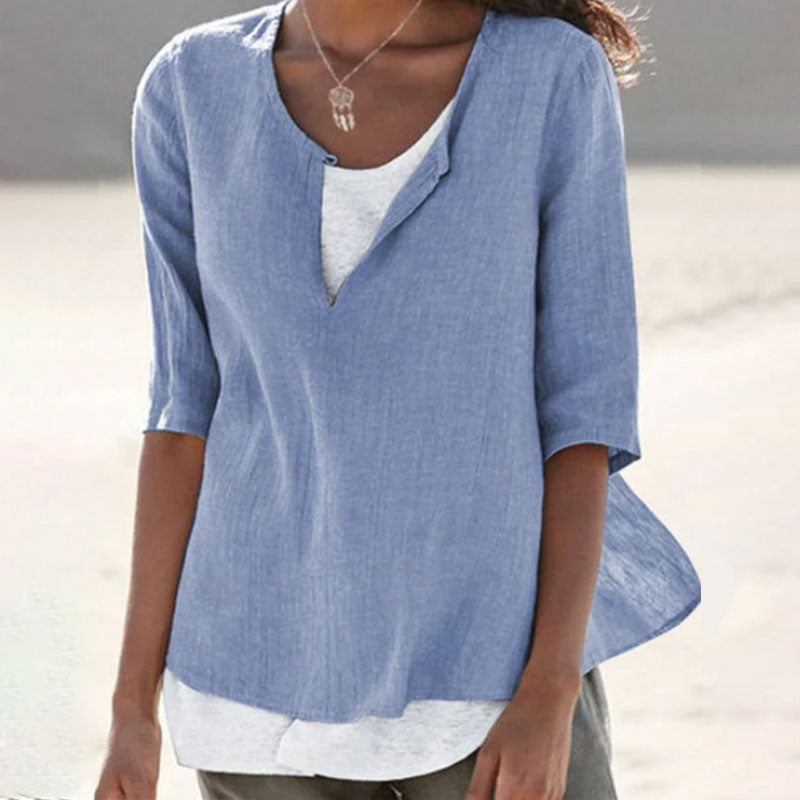 Macymars™ Fashion V Neck Solid Color Cotton And Linen Casual Women's Shirt