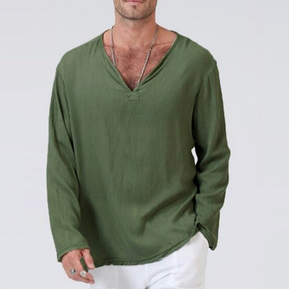 Macymars™ Men's Solid Color Linen V-Neck Long Sleeve T-Shirt