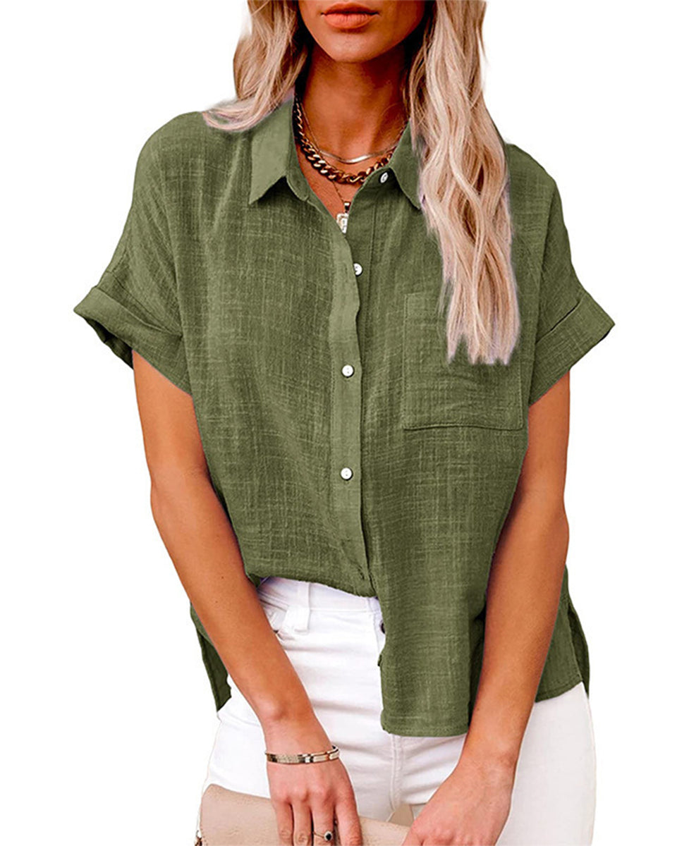 Macymars™ Women's Summer Solid Color Linen Short Sleeve Shirt