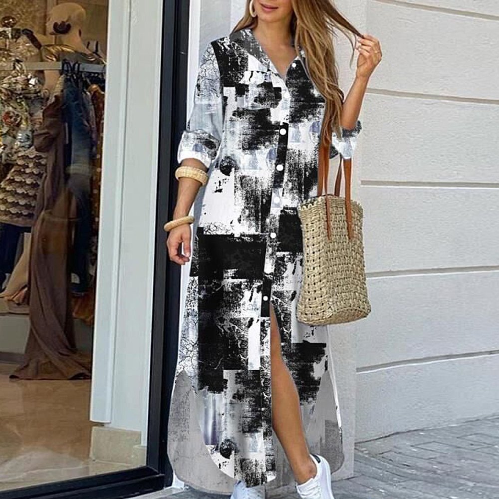 Macymars™ Fashion Buttoned Slit Shirt Party Casual Loose Long Sleeve Dresses