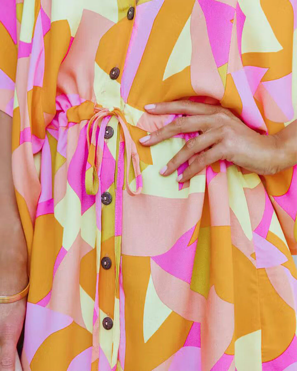 Macymars™ Printed V-Neck Bat Sleeve Button Drawstring Dress 2022 New