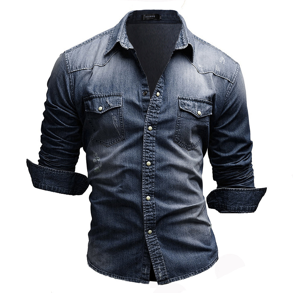 Macymars™ Men's Long Sleeve Lapel Pocket Denim Shirt