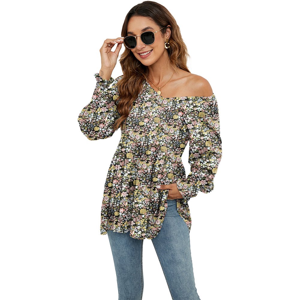 Macymars™ Women Swing Hem Long Sleeve Tops Bohemian Work Floral Print Pullover V Neck Tunic Blouse