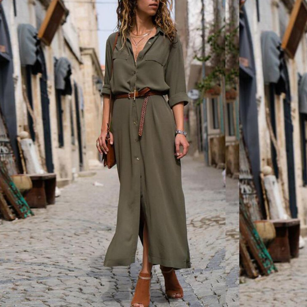 Macymars™ Summer and Autumn Deep V Long Sleeve Solid Women Maxi Dress