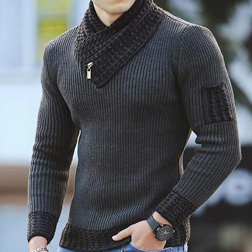 Macymars™ Men Scarf Neck Zip Up Contrast Trim Knitted Sweater