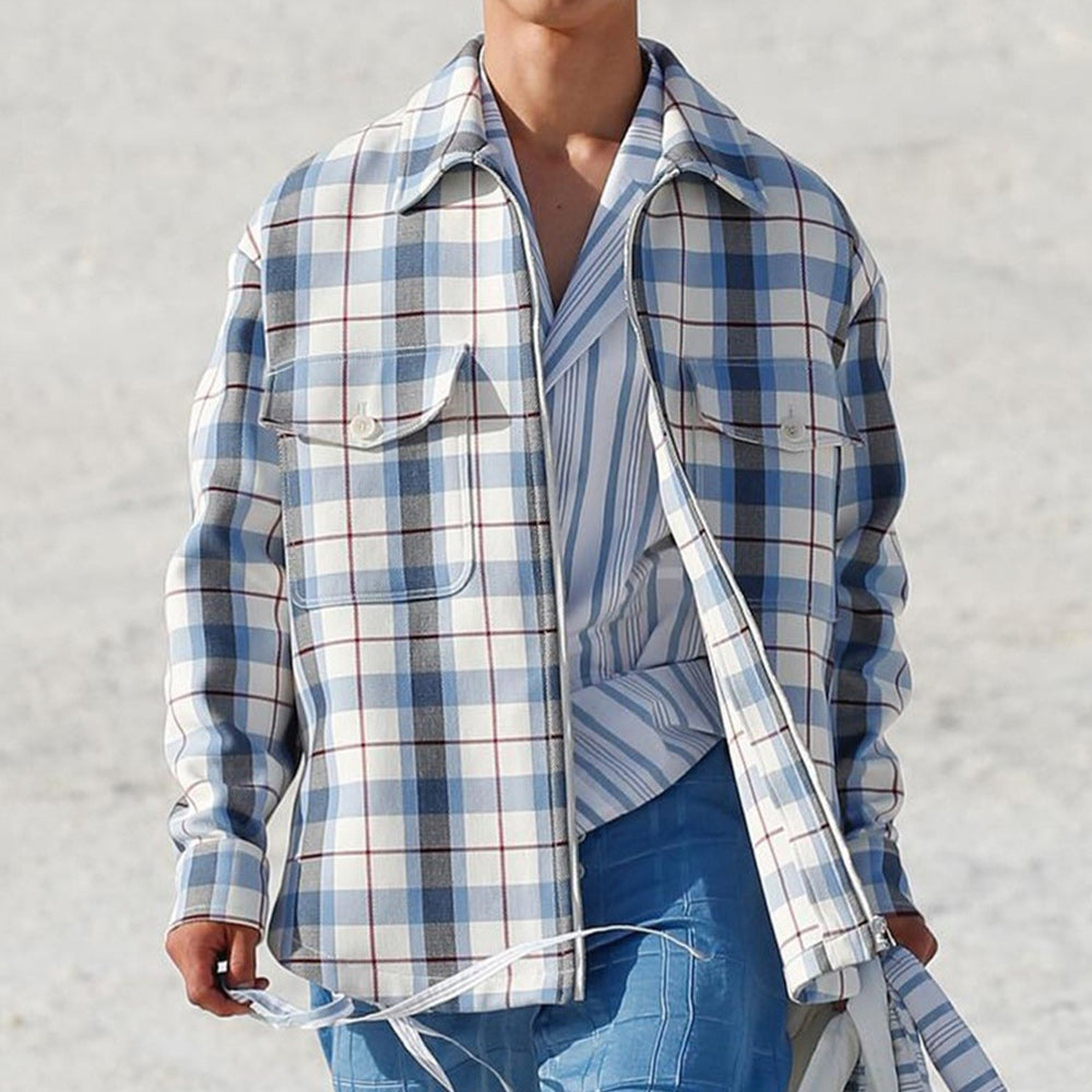 Macymars™ Autumn Men's Casual Fashion Long Sleeve Blue Plaid Shirt Jacket