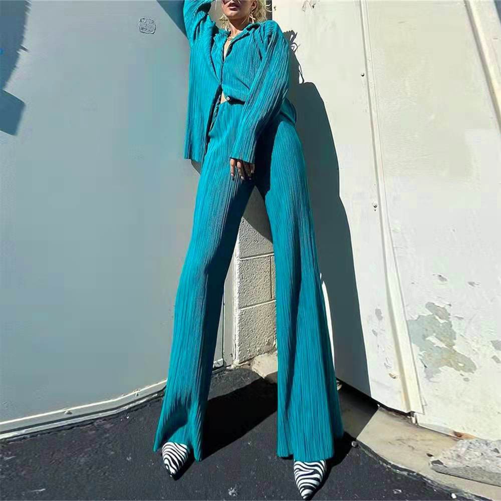 Macymars™ Women Clothing Retro Casual Fashion Fashion Suit 2022 Long Sleeve Loose-Fitting Pleated Wide Leg Pants Two-Piece Set