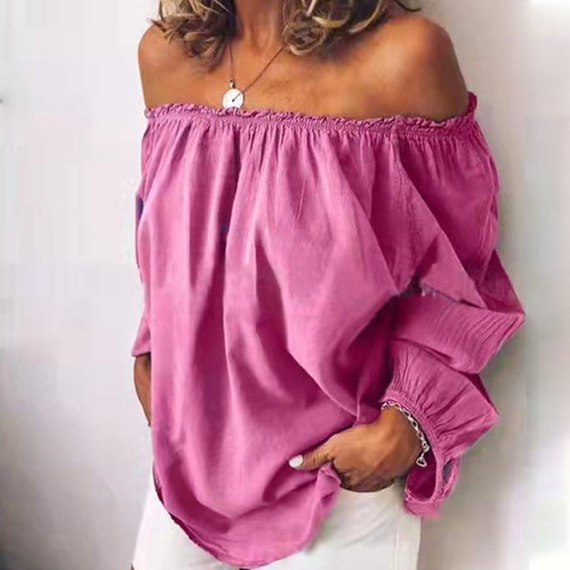 Macymars™ Flat Neck Elastic Pleated Sweet Cotton Linen Solid Long Sleeve Women's Shirt