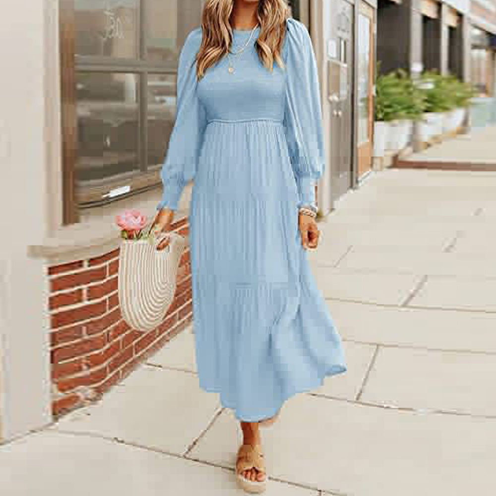 Macymars™ Women's Pleated Long Sleeve Round Neck Dress