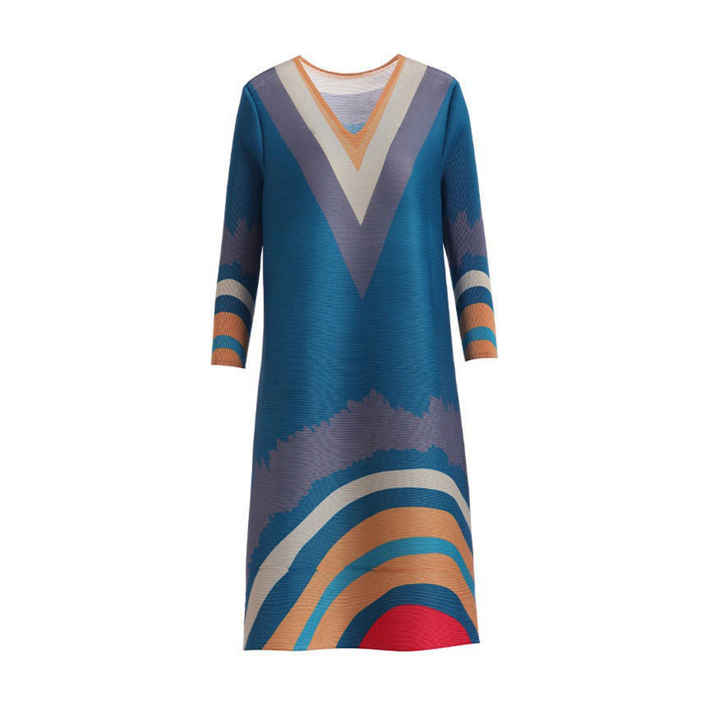 Macymars™ Loose Versatile Retro Three-quarter Sleeve V-Neck Patch Large Size Mid-Length Dress