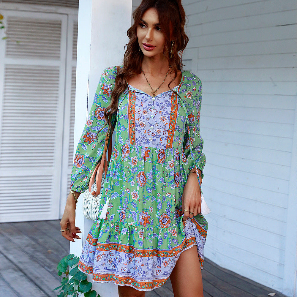 Macymars™ Casual V Neck Long Sleeve Spring Summer Floral Bohemian Short Dress for Women Boho Mini Skirt