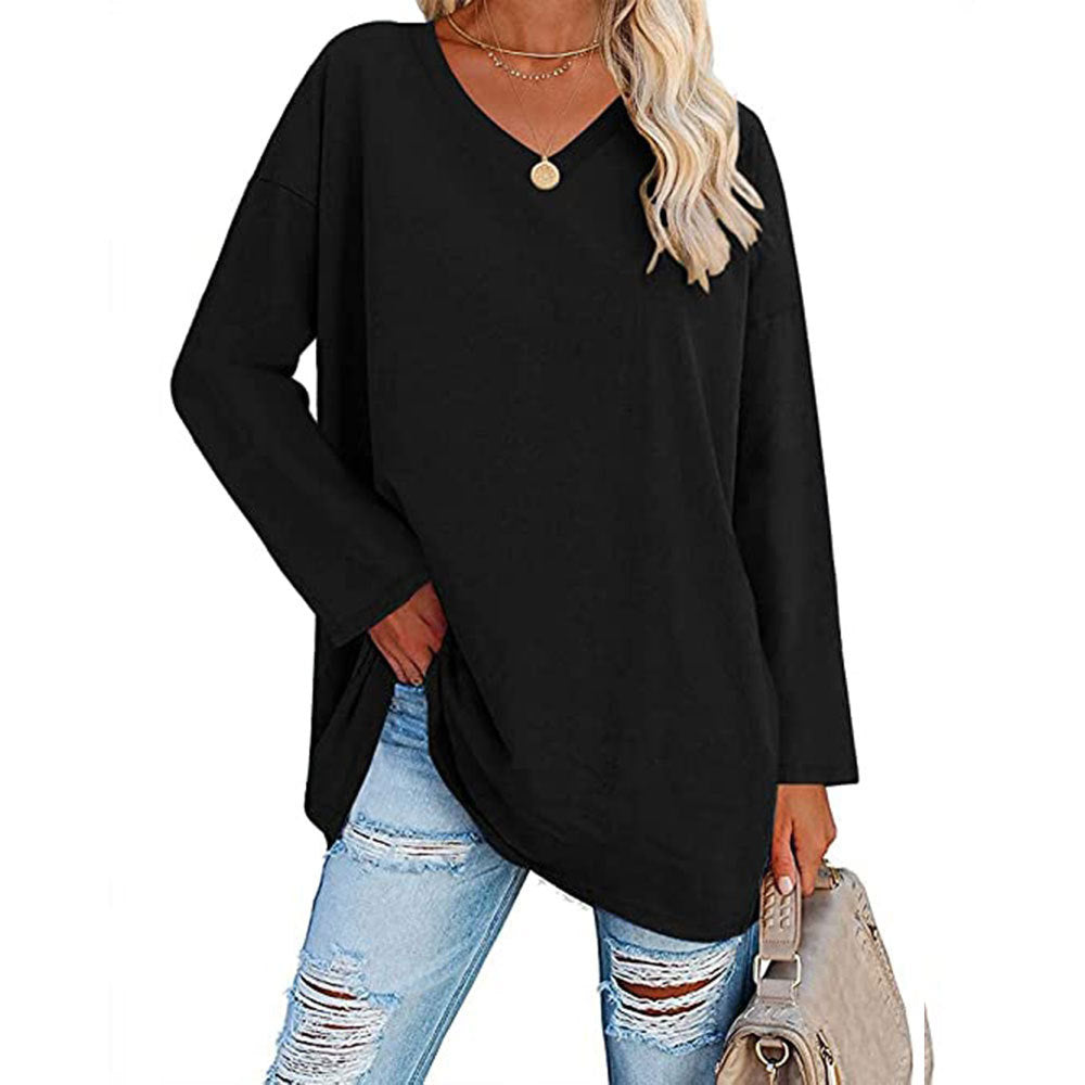 Macymars™ Women's Solid Color Fashion V-Neck Loose Long Sleeve T-Shirt