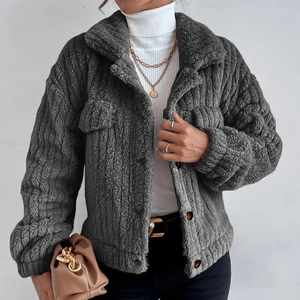 Macymars™ Women Autumn Plush Fashion Lapel Long Sleeve Jacket Casual Short Coats