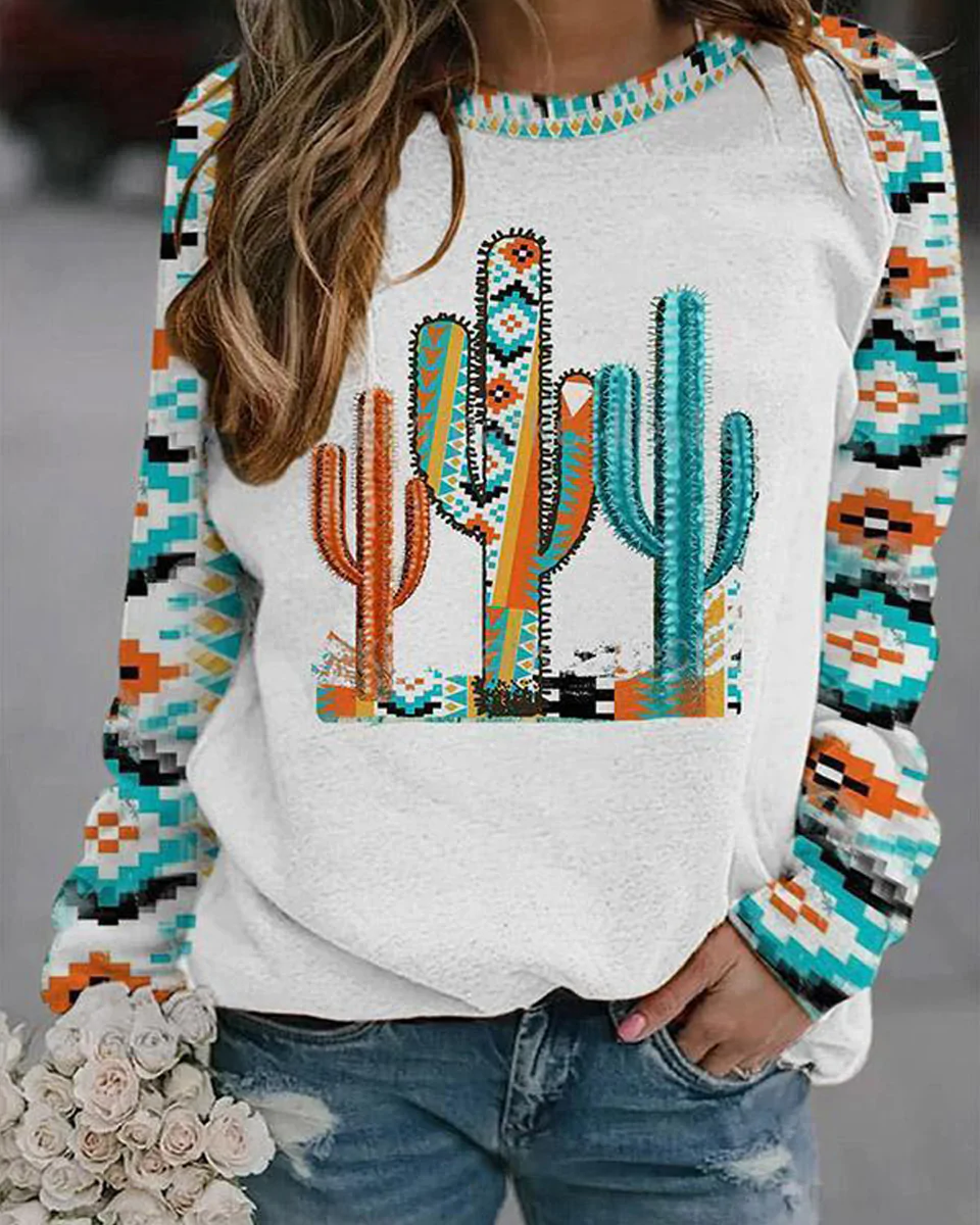 Macymars™ Women Retro Print Crew Neck Long Sleeve Sweatshirt Top