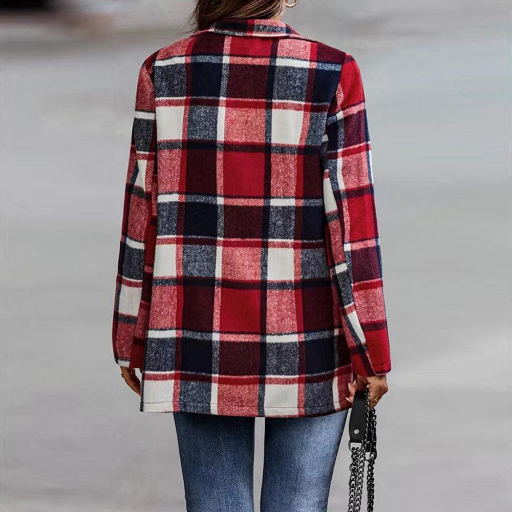 Macymars™ New Autumn Winter Women Warm Woolen Plaid Coat Office Lady Long Sleeve Shirt Cardigan