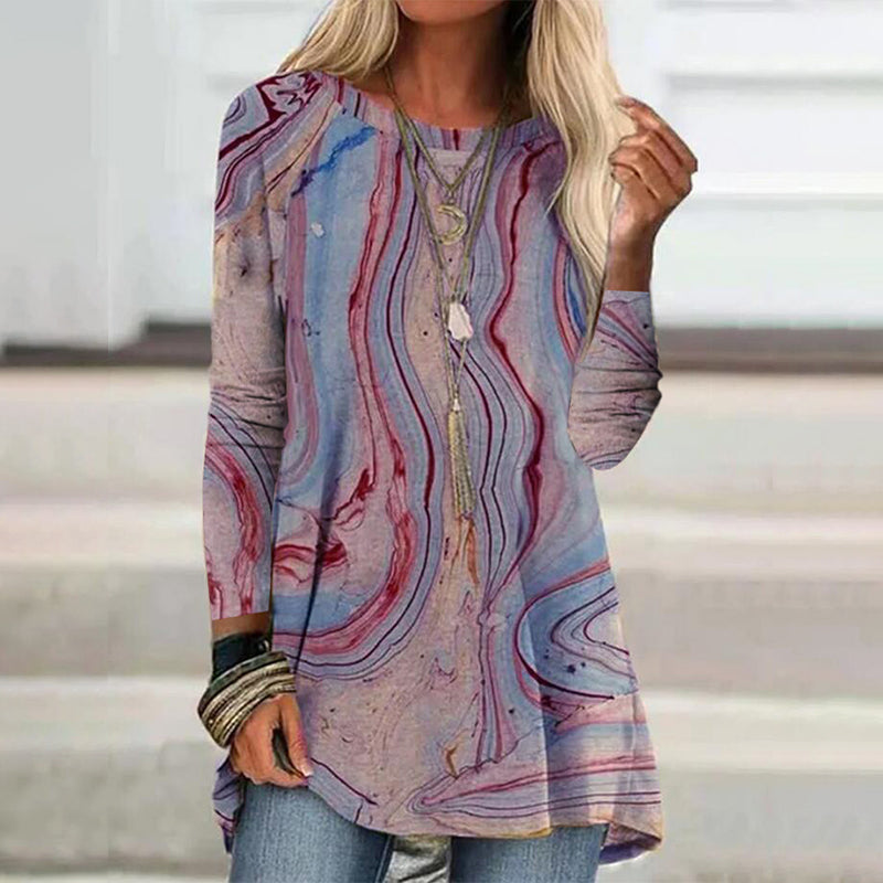 Macymars™ Autumn And Winter Creative Silky Fluid Print Round Neck Long Sleeve Women's T-Shirt